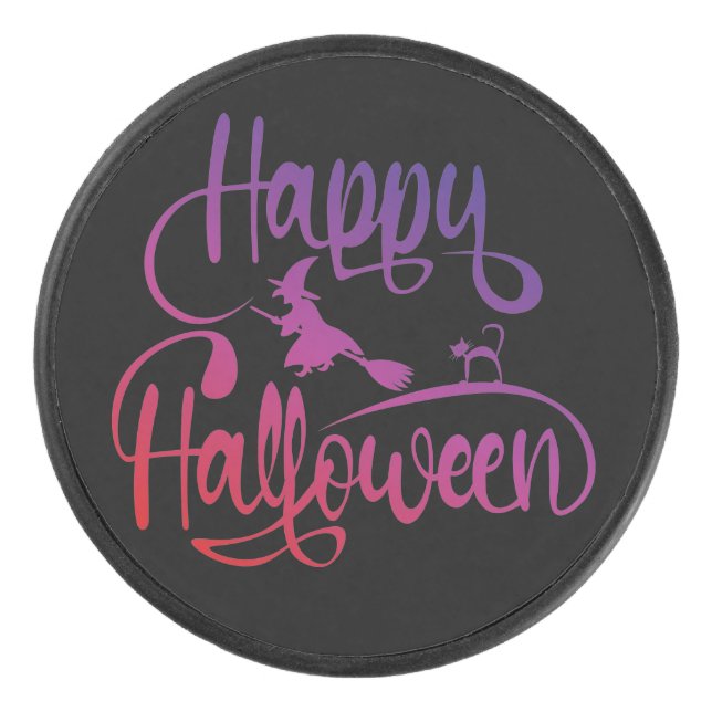 Happy Halloween gradient flying witch cat  Hockey Puck (Front)