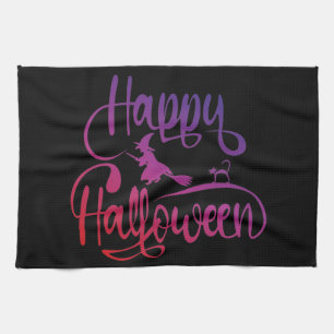 Happy Halloween gradient flying witch cat  Kitchen Towel