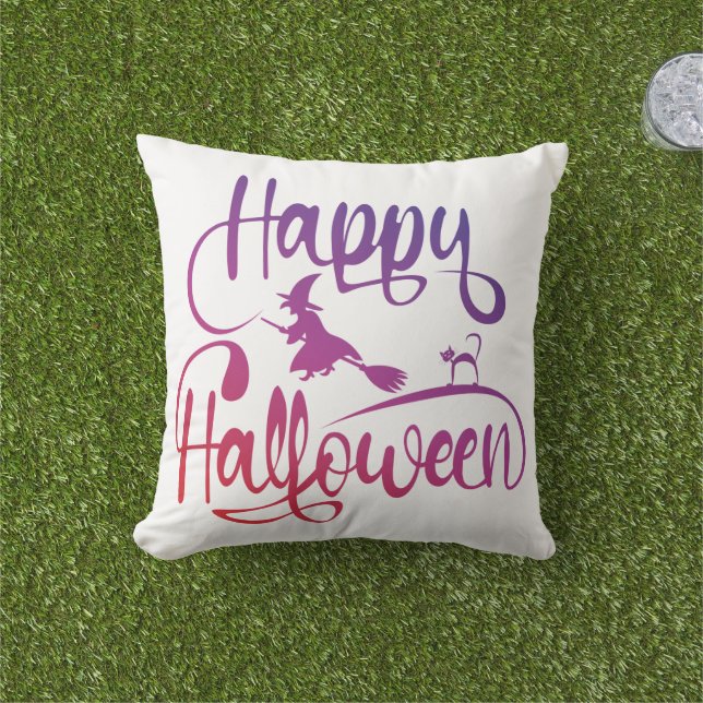 Happy Halloween gradient flying witch cat  Outdoor Pillow (Grass)