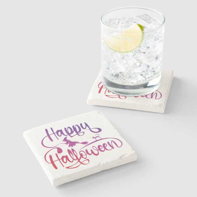 Happy Halloween gradient flying witch cat  Stone Coaster (Side)
