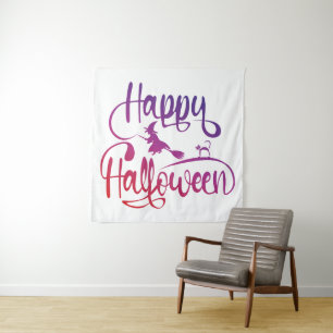 Happy Halloween gradient flying witch cat Tapestry