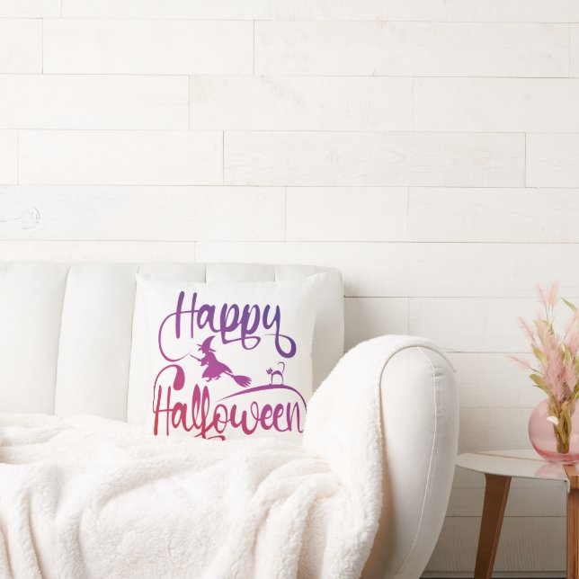 Happy Halloween gradient flying witch cat  Throw Pillow (Couch)