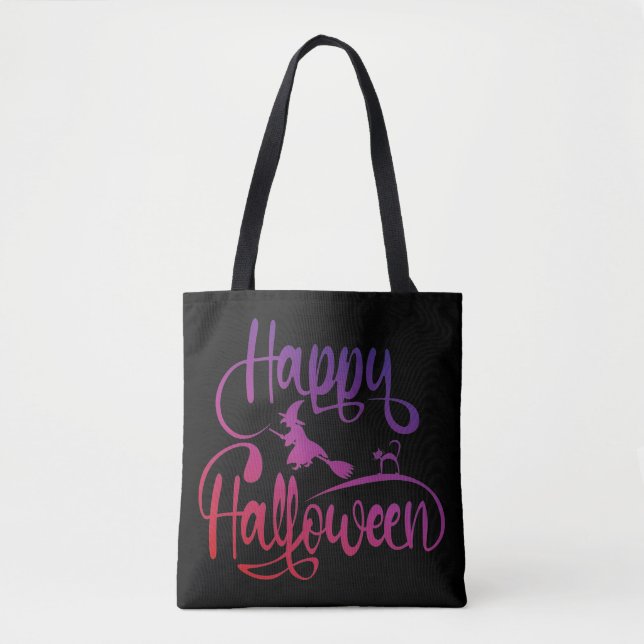 Happy Halloween gradient flying witch cat  Tote Bag (Front)