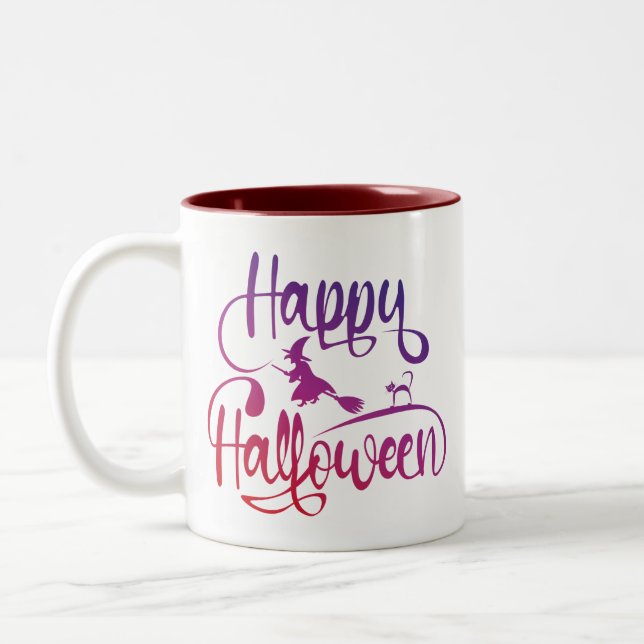 Happy Halloween gradient flying witch cat   Two-Tone Coffee Mug (Left)