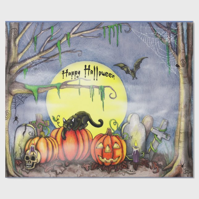 Happy Halloween Graveyard Scene Wrapping Paper (Flat)