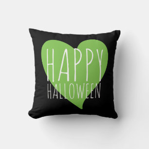 Happy Halloween / Green Heart Black & Grey Stripes Throw Pillow