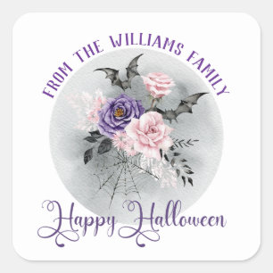 happy halloween grey moon and watercolor roses  square sticker