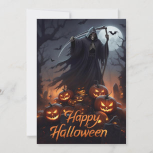 Happy Halloween Grim Reaper and Carved Pumpkins Holiday Card
