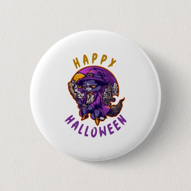 Happy Halloween Halloween Witch Cat 2 Inch Round Button (Front)