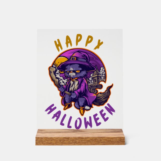 Happy Halloween Halloween Witch Cat Acrylic Sign (Front)