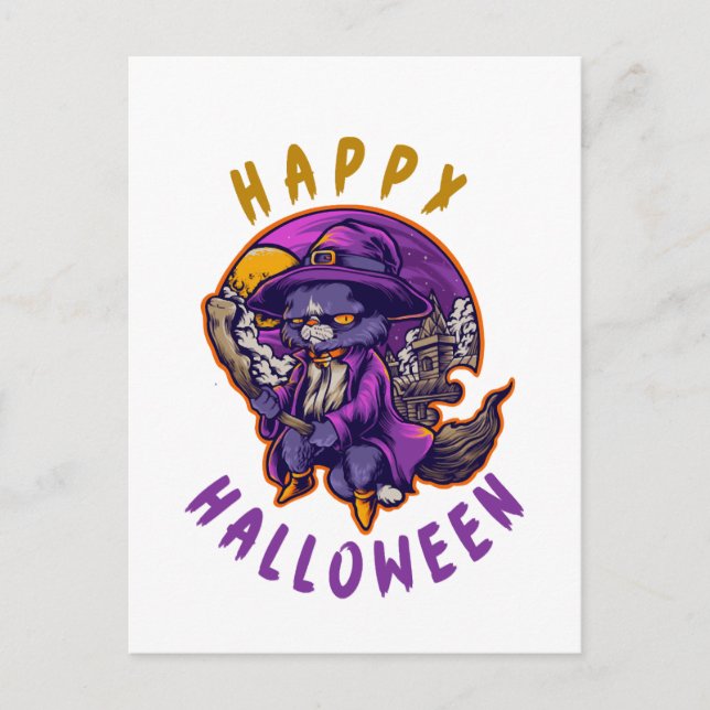 Happy Halloween Halloween Witch Cat Postcard (Front)