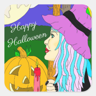 Happy Halloween Hand drawn Witch and Full Moon Square Sticker