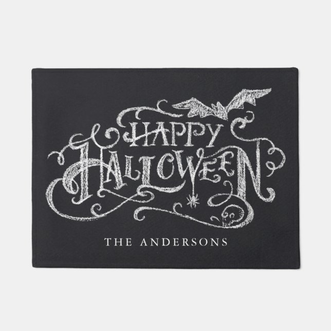 Happy Halloween Hand-Lettered Chalk Personalized Doormat (Front)