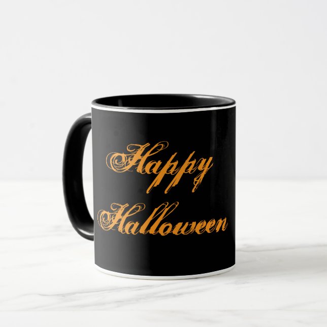 Happy Halloween Handwriting Mug (Black & Orange) (Front Left)