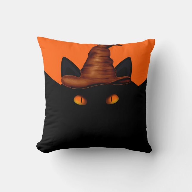 happy Halloween  hat and cat face Throw Pillow (Front)