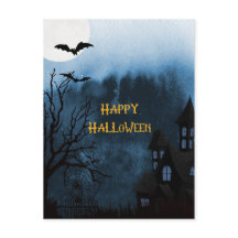 Happy Halloween Haunted Castle and Bats Postcard