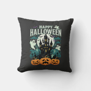 Happy Halloween Haunted Castle Ghosts and Pumpkins Throw Pillow