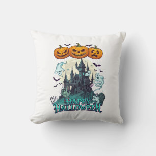Happy Halloween Haunted Castle Pumpkins Ghosts_1 Throw Pillow