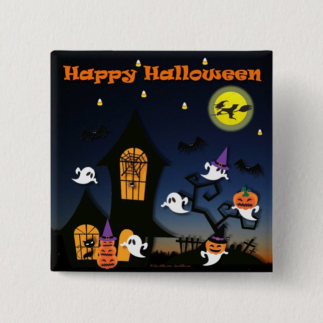 Happy Halloween Haunted House 2 Inch Square Button (Front)