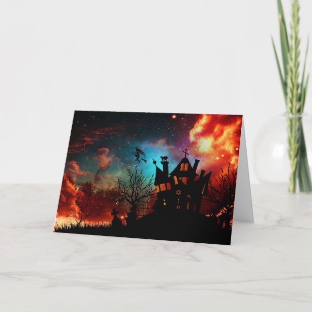 Happy Halloween Haunted House and Witch Card (Front)