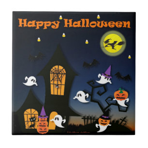 Happy Halloween Haunted House Ghosts Bats Tile