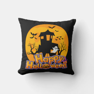 Happy Halloween Haunted House Moon Throw Pillow