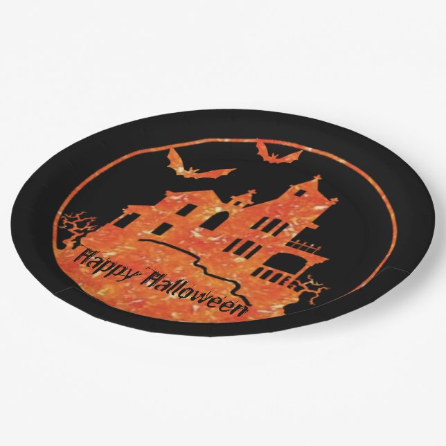 Happy Halloween Haunted House Paper Plate (Angled)