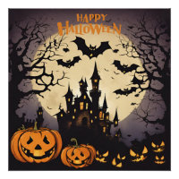 Happy Halloween - Haunted House, Pumpkins and Bats