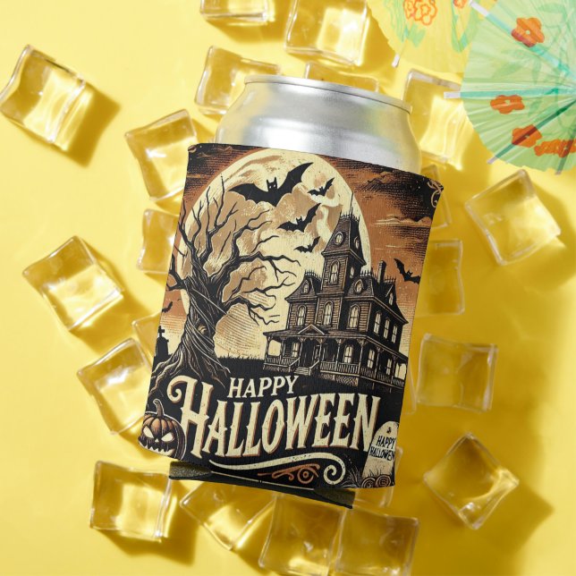 Happy Halloween Haunted House Pumpkins Can Cooler (In Situ Summer)