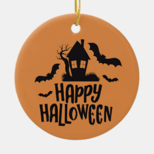 Happy Halloween haunted house spooky bat orange Ceramic Ornament