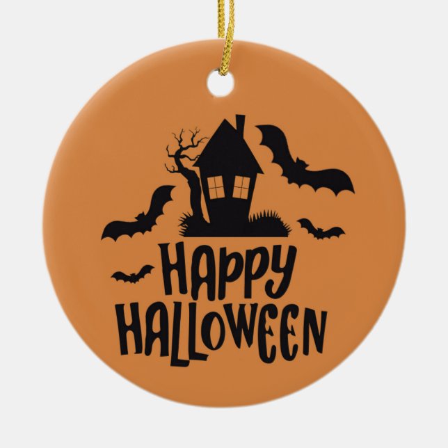 Happy Halloween haunted house spooky bat orange Ceramic Ornament (Front)