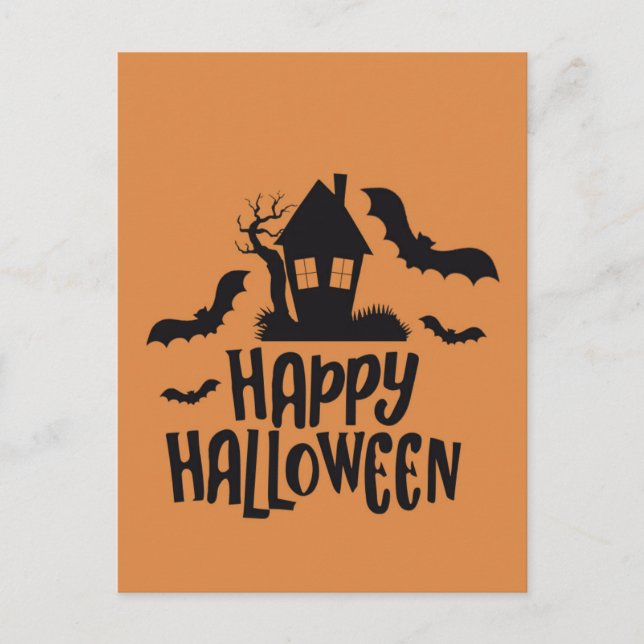 Happy Halloween haunted house spooky bat orange Holiday Postcard (Front)