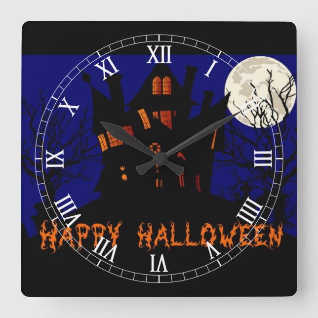 Happy Halloween Haunted House Square Wall Clock (Front)
