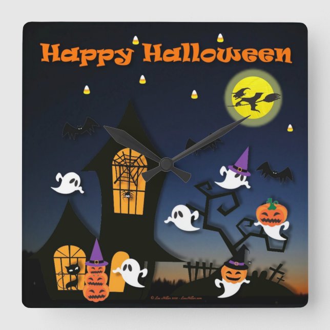 Happy Halloween Haunted House Square Wall Clock (Front)