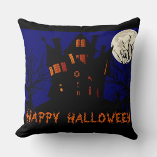 Happy Halloween Haunted House Throw Pillow