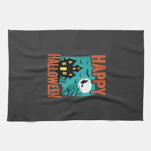 Happy Halloween Haunted House Witch Design Kitchen Towel (Horizontal)