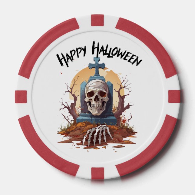 Happy Halloween Head Stone And Skeleton Poker Chips (Front)