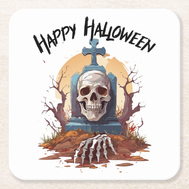 Happy Halloween Head Stone And Skeleton Square Paper Coaster (Front)
