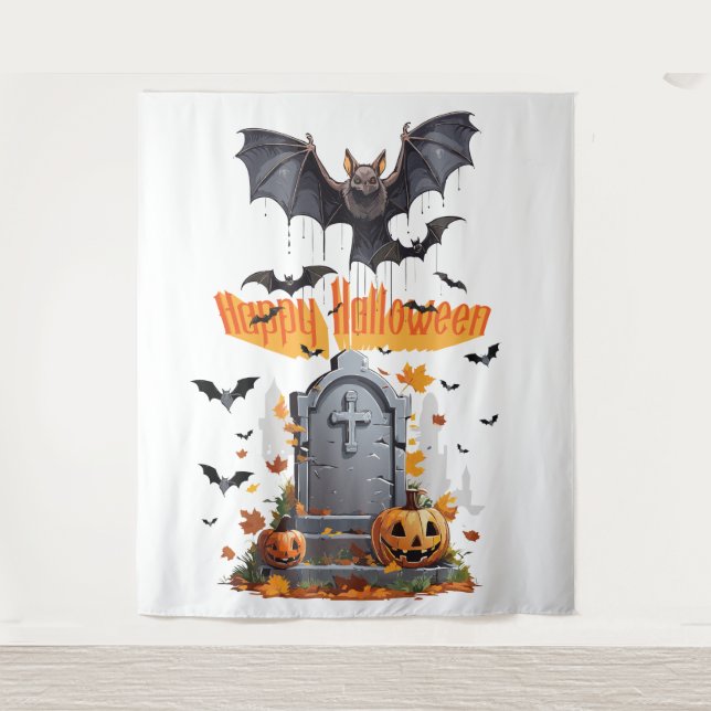 Happy Halloween Head Stone And Vampire Bats Tapestry (Front)