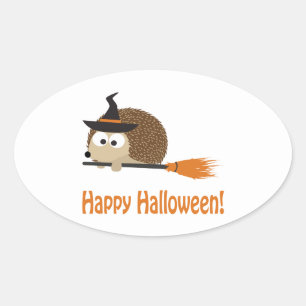 Happy Halloween! Hedgehog Witch Oval Sticker