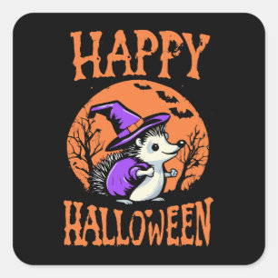 Happy Halloween Hedgehog Witch Square Sticker