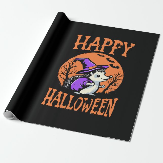Happy Halloween Hedgehog Witch Wrapping Paper (Unrolled)