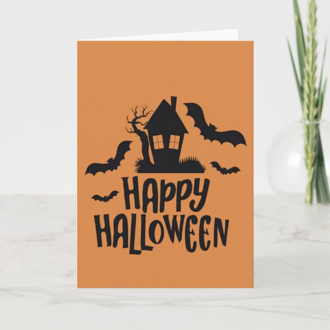 Happy Halloween house spooky bat shadow orange Holiday Card (Front)