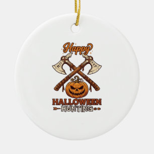Happy Halloween Hunting Crossed Axes Pumpkin Runes Ceramic Ornament