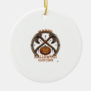 Happy Halloween Hunting Pumpkin Crossed Axes Bone Ceramic Ornament