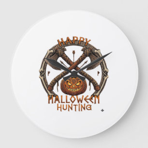 Happy Halloween Hunting Pumpkin Crossed Axes Bone  Large Clock