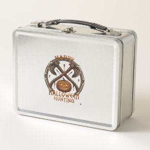 Happy Halloween Hunting Pumpkin Crossed Axes Bone  Metal Lunch Box