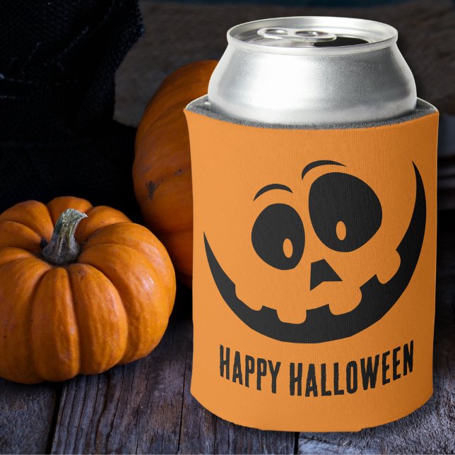 Happy Halloween Jack O Lantern Can Cooler (Cute Pumpkin Face Jack O Lantern Happy Halloween Can Cooler)