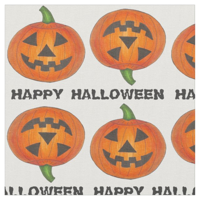 Happy Halloween Jack o' Lantern Carved Pumpkin Fabric (Close Up)