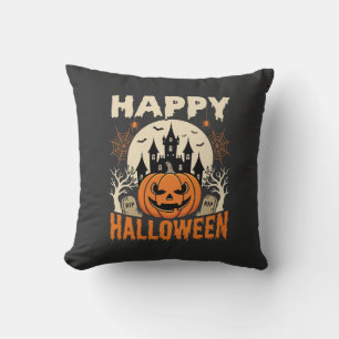 Happy Halloween Jack O Lantern Haunted Castle Throw Pillow